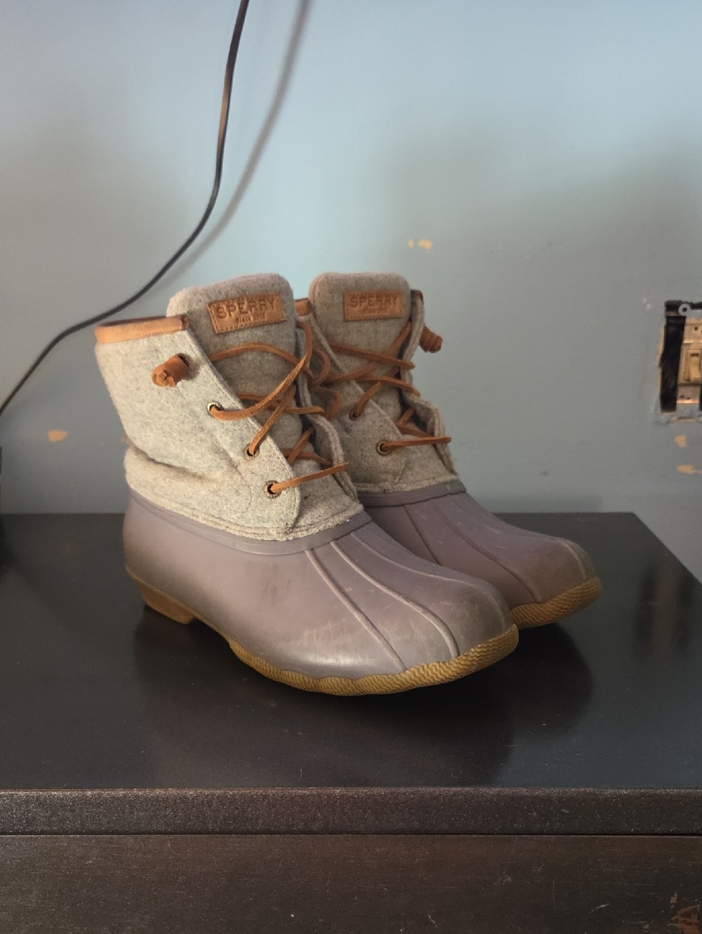 Sperry Gray Rubber and Tan-Trim Wool Cuff Duck Boots